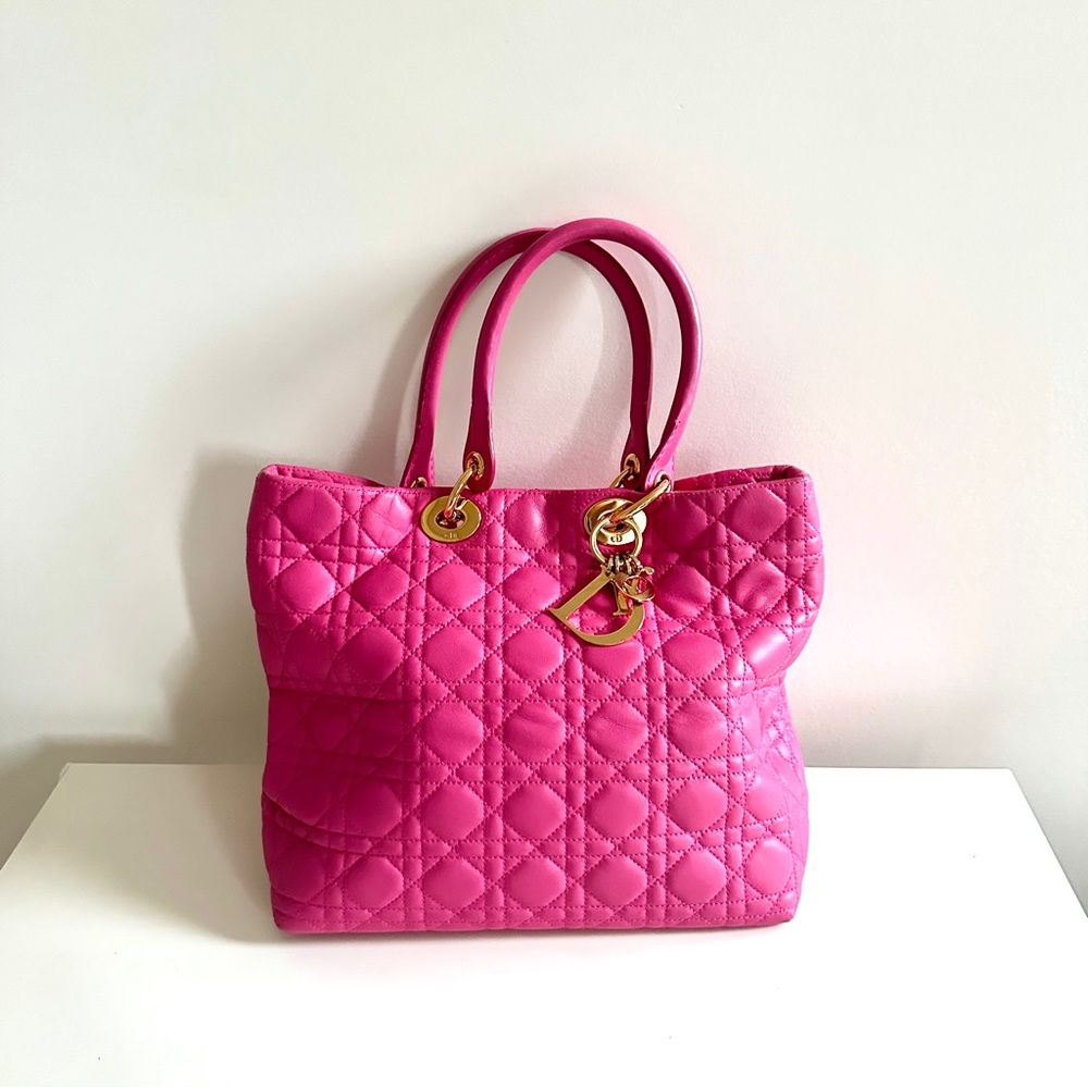 Christian Dior Lambskin Cannage Small Soft Lady Dior Tote Fuchsia